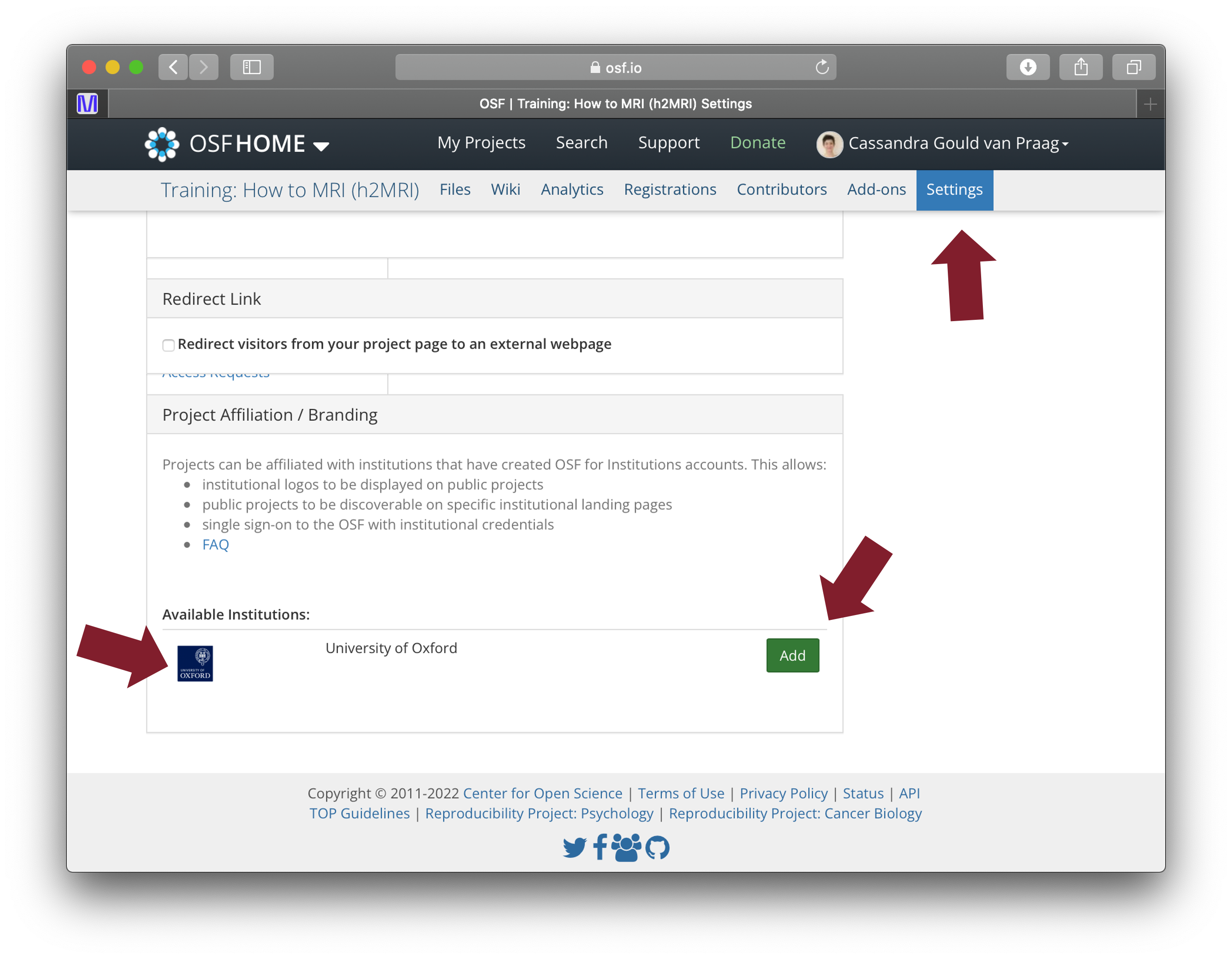 Add Oxford affiliation to your OSF projects via the "Settings" tab on OSF